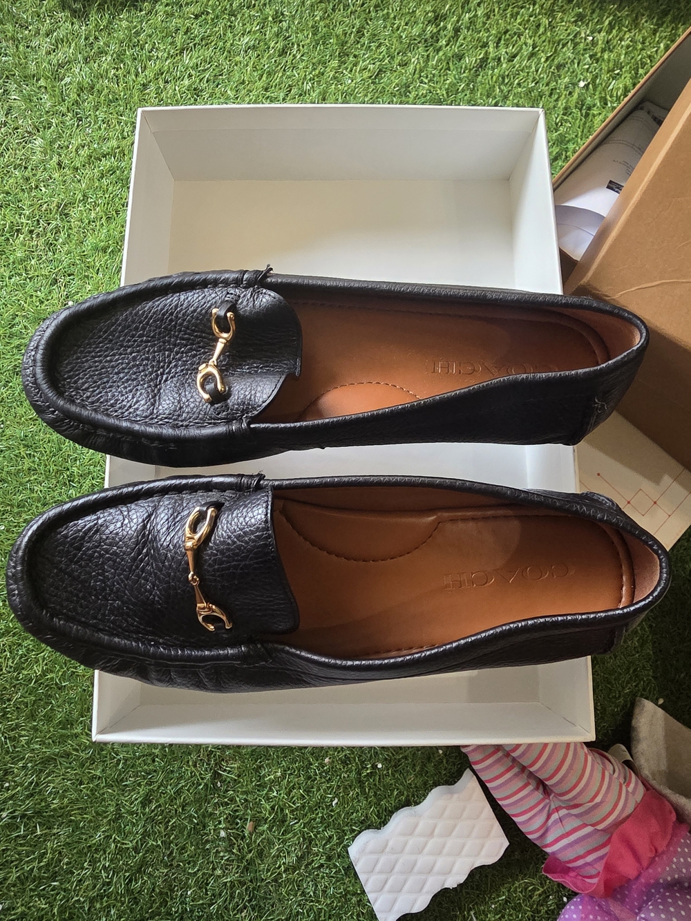 Coach Black Pebble Leather Women's Moccasin Loafers with Gold Bit - Picture 2 of 4